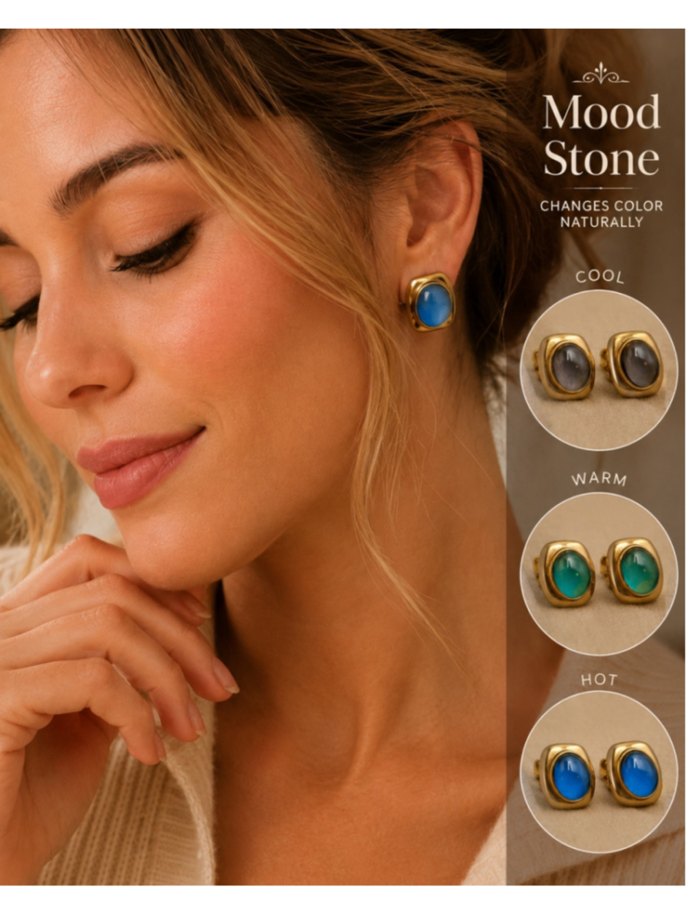 Vintage 1980s Mood Stone Clip-On Earrings Gold Tone Color Changing